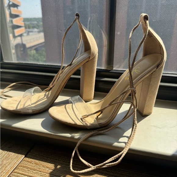 Lulu’s Nude Block Clear Strap Lace Up Strappy Heel Sandals (Style Morini 8.5) - Picture 6 of 9